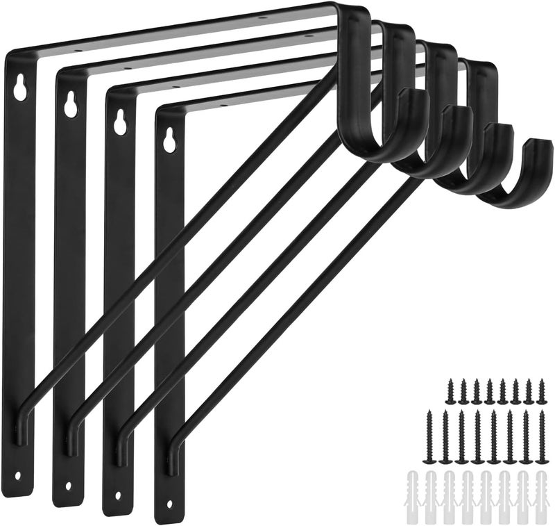 APOCHON 4 Pack Heavy Duty Closet Shelf and Rod Brackets 300lbs, 11 x 11 Inch Wall Mounted Closet Shelves Bracket with Rod Shelving Support, Black Closet Pole Holder Bracket with Screws - Image 1